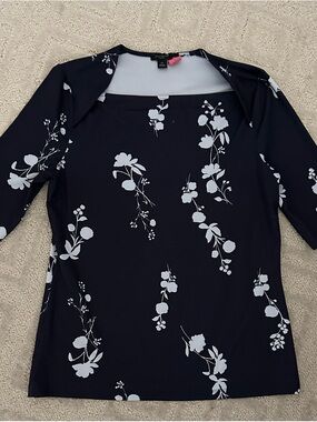 AnnTaylor Navy and White Floral Square-Neck Blouse